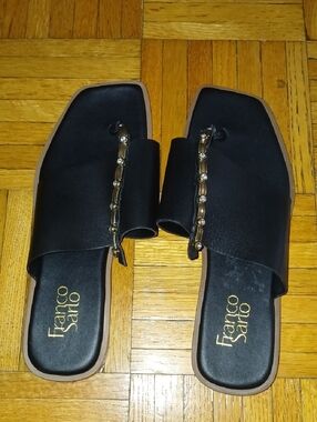 Franco Sarto Black Slide Mules with Gold Chain and Crystal Accents